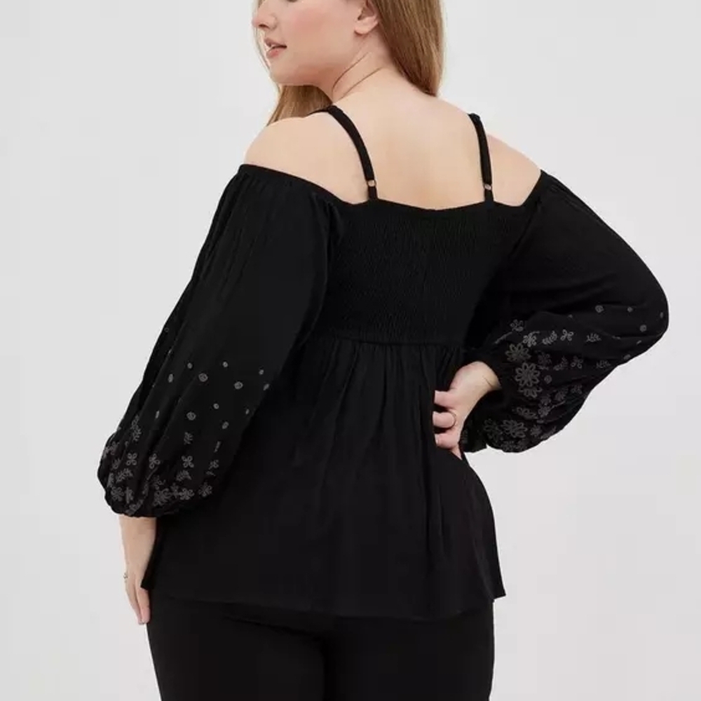 Black Gauze Embroidered Cold Shoulder Top | Smocked Boho Blouse Size 2 image 3